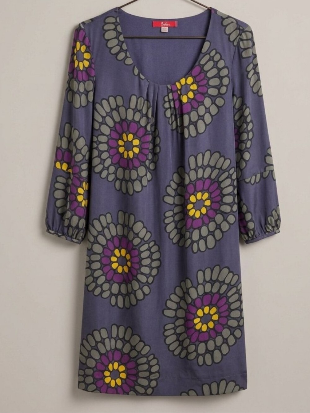 Boden Navy Silk  Tunic  Dress with Purple & Yellow Floral Medallions Sz 12R
